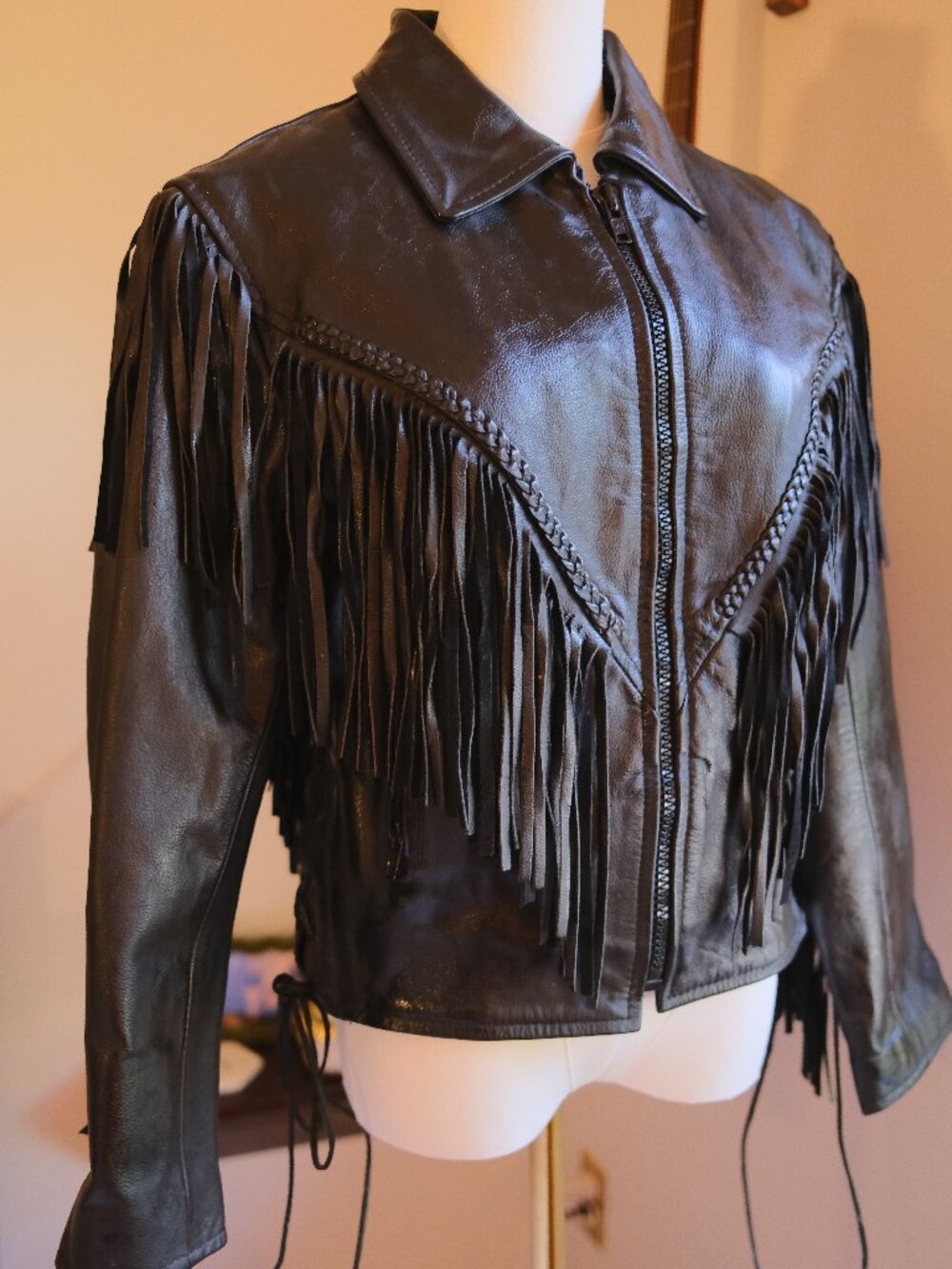 Vintage Liberty Leather Black Fringe Motorcycle Jacket Western XS (Fits M)